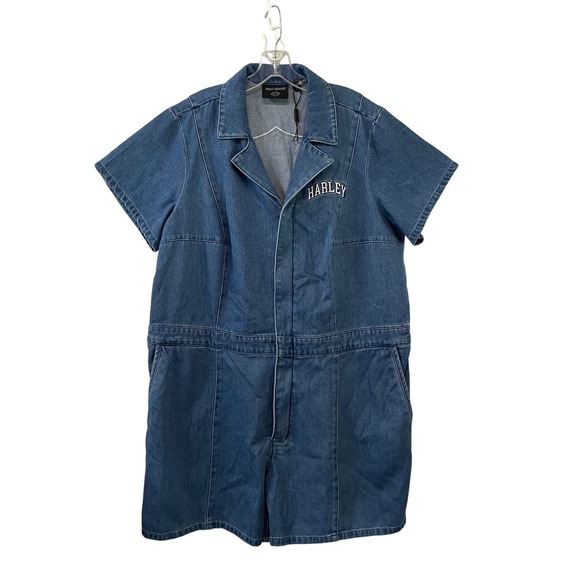 Harley Davidson Denim Romper Jumpsuit Women's 2W‎ Plus Size Short Sleeve - Picture 3 of 10